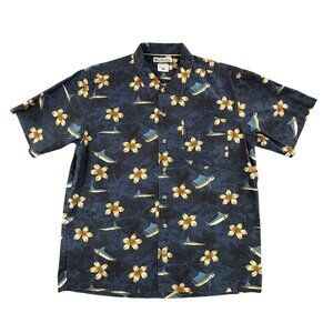 Columbia Shirt Mens Large Blue Floral Fish Hawaiian Button Up Short Sleeve Shark